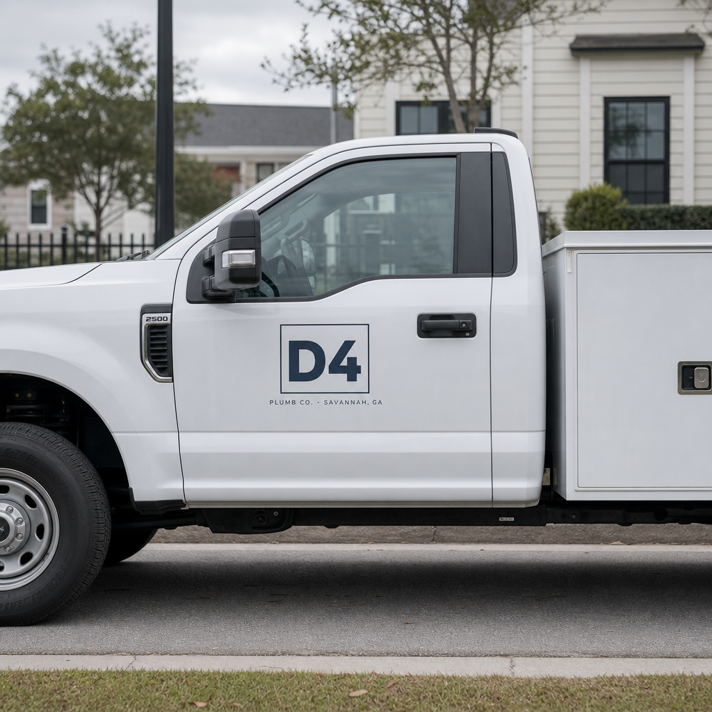 D4 Plumb Co. service truck parked square-on in Savannah, the brand handle 'D4' visible on the door
