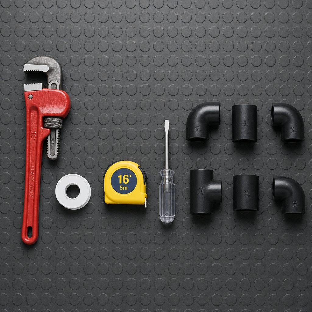 A top-down flat-lay of plumbing tools on a clean rubberized work mat: pipe wrench, PTFE tape, measuring tape, screwdriver, black PVC fittings